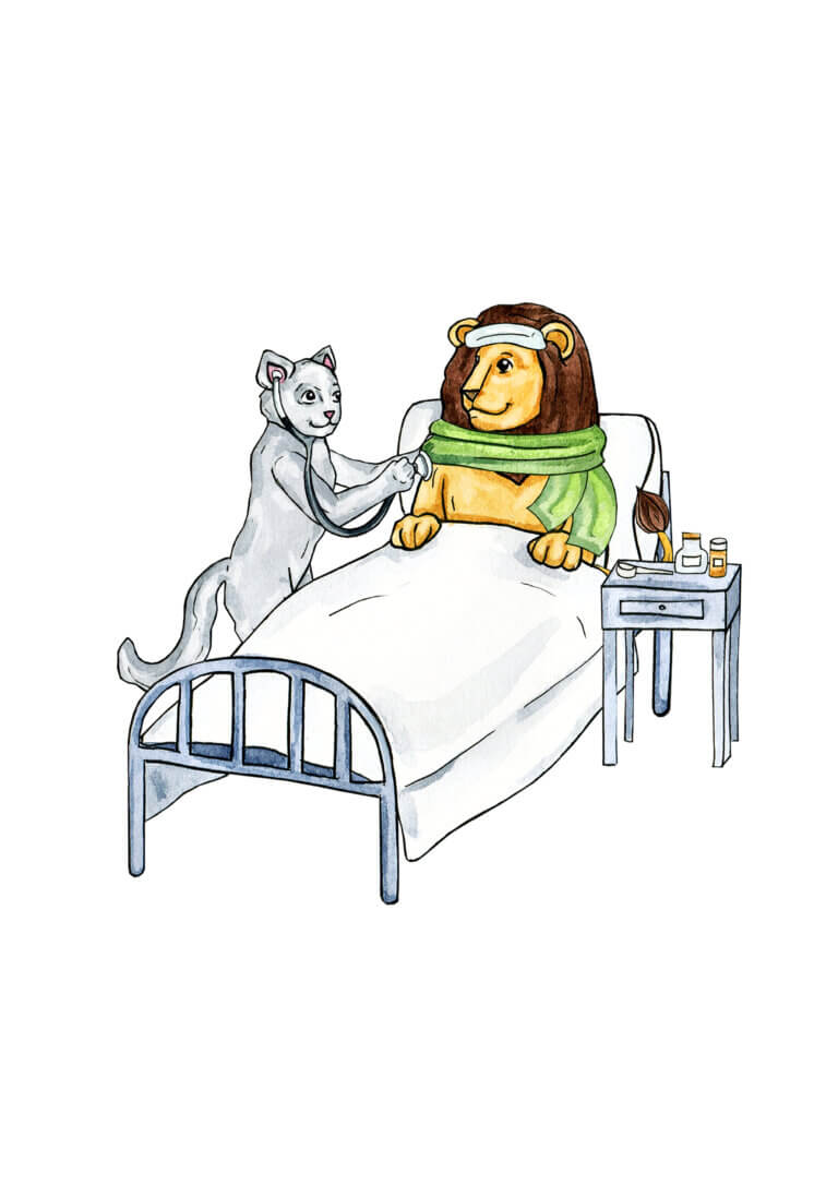 Dieses Motiv zeigt einen kranken Löwen im Krankenbett, der sich behutsam von einer unerschrockenen Katze untersuchen lässt. Der Löwe wird von einem warmherzigen Lächeln auf seinem Gesicht begleitet, als ob er die Geborgenheit und Fürsorge spüren würde, die die Katze ihm anbietet.