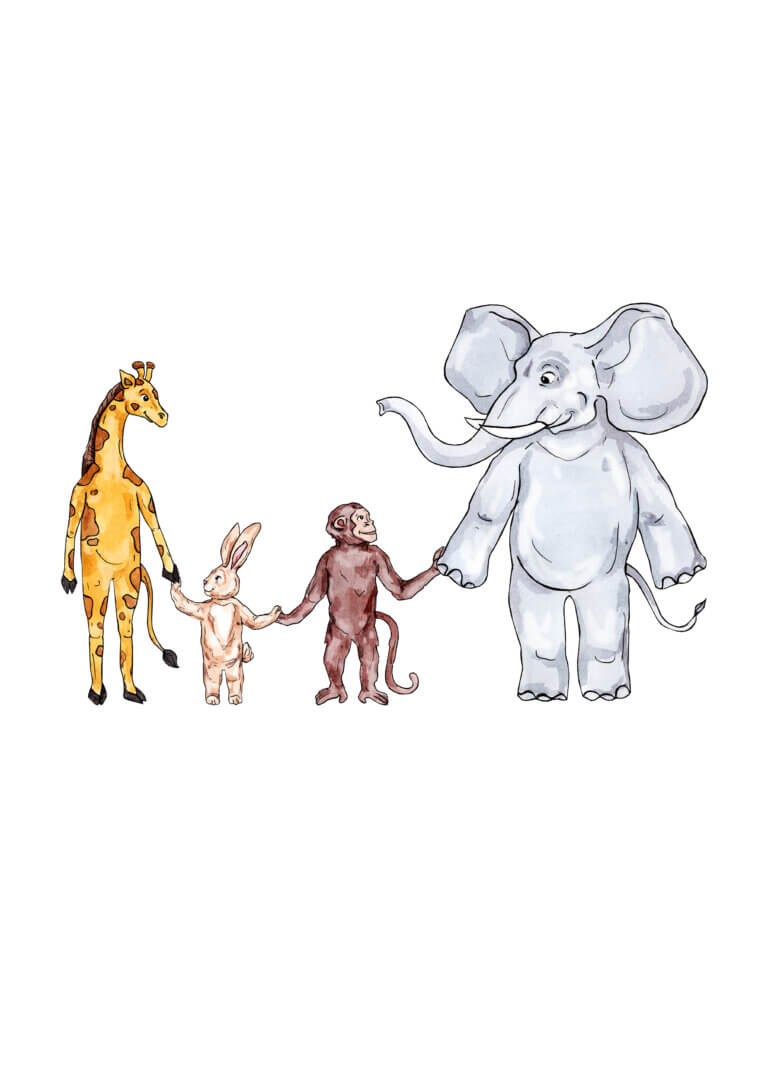 Dieses Motiv ist ein Symbol des Zusammenhalts und des Respekts. Es zeigt vier Tiere, die sich an der Hand halten und gegenseitig respektieren. Der Elefant ist der Große, der Affe der Kleine, die Giraffe der Lange, der Hase der Dünne. Es ist eine Darstellung der kindlichen Freude und Unschuld.
