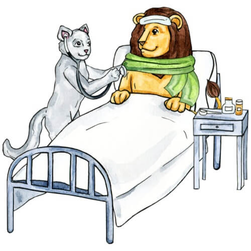 Dieses Motiv zeigt einen kranken Löwen im Krankenbett, der sich behutsam von einer unerschrockenen Katze untersuchen lässt. Der Löwe wird von einem warmherzigen Lächeln auf seinem Gesicht begleitet, als ob er die Geborgenheit und Fürsorge spüren würde, die die Katze ihm anbietet.