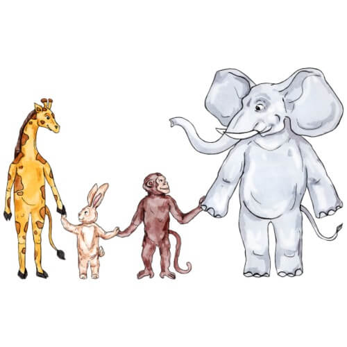 Dieses Motiv ist ein Symbol des Zusammenhalts und des Respekts. Es zeigt vier Tiere, die sich an der Hand halten und gegenseitig respektieren. Der Elefant ist der Große, der Affe der Kleine, die Giraffe der Lange, der Hase der Dünne. Es ist eine Darstellung der kindlichen Freude und Unschuld.