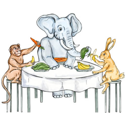 Dieses Motiv übermittelt durch seine ausdrucksstarken Motive ein Gefühl der Freude und Freundschaft. Ein Löwe, ein Affe und ein Hase sitzen gemeinsam an einem Tisch. Die Figuren schauen sich gegenseitig an und teilen sich das Essen - ein Symbol für Freundschaft und Zusammenhalt.